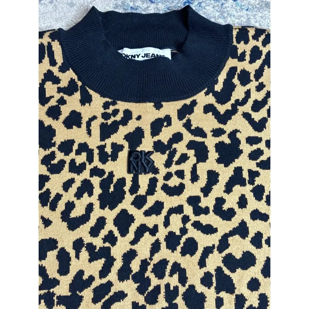 DKNY Jeans Leopard Print Knit Sweater Womens XL Tan Black‎ Pullover